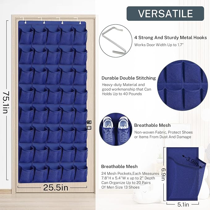 40-Pocket Over the Door Shoe Organizer - Large Mesh Pocket Hanging Shoe Organizer,Behind the Door Shoes Storage Holder Hanger - Image 3