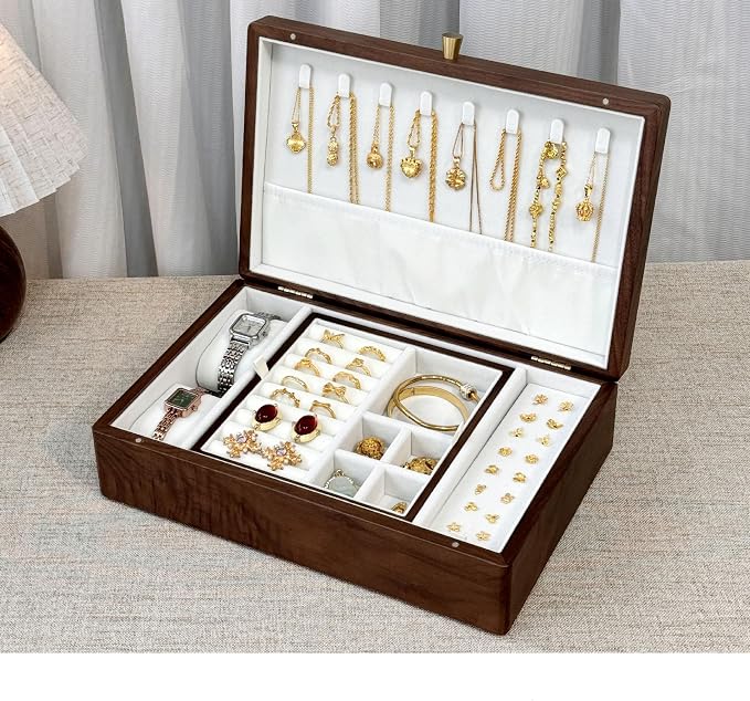 Bescott 2 Layer Solid Black Walnut Wooden Jewelry Box for Women Wood Vintage Organizer for Men Earrings Rings Necklaces Bracelet Watch Storage - Image 5