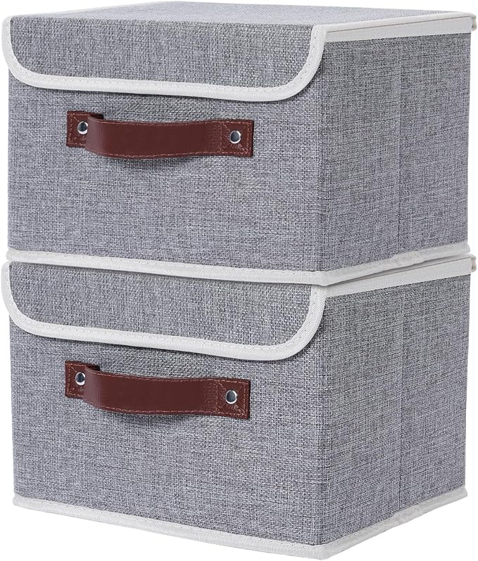 ANMINY 2PCS Storage Bin with Lid Storage Boxes with PU Leather Handles PP Plastic Board Decorative Foldable Lidded Cotton Linen Fabric Home Cubes Baskets Closet Organizer Container - Gray, Medium by ANMINY