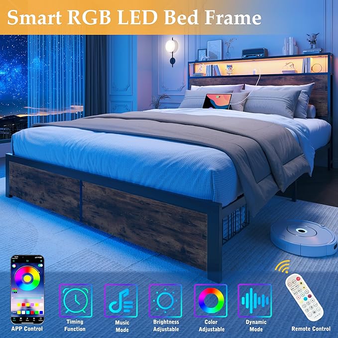 Lifezone Queen Bed Frame with 2-Tier Storage Headboard, Metal Bed Frame with Storage Drawers & Built-in Charging Station & LED, Noise-Free, No Box Spring Needed, Easy Assembly, Retro Brown