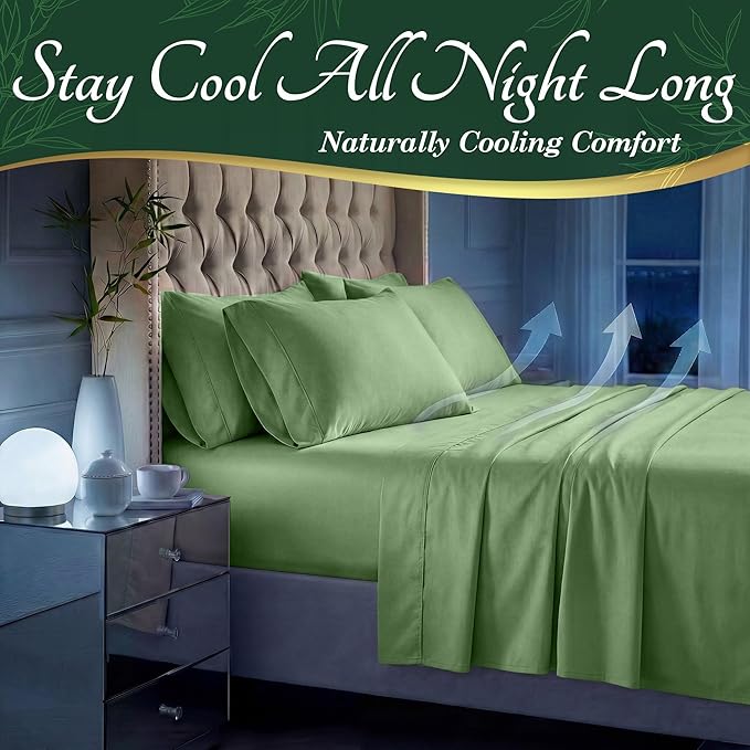 DECOLURE 100% Viscose Derived from Bamboo Sheets California King Size - Luxury 6 Pc Naturally Cooling Sheets, Ultra Soft Bed Set - Deep 17" Pockets, Double Stitching, Oeko Tex Standard (Sage Green)