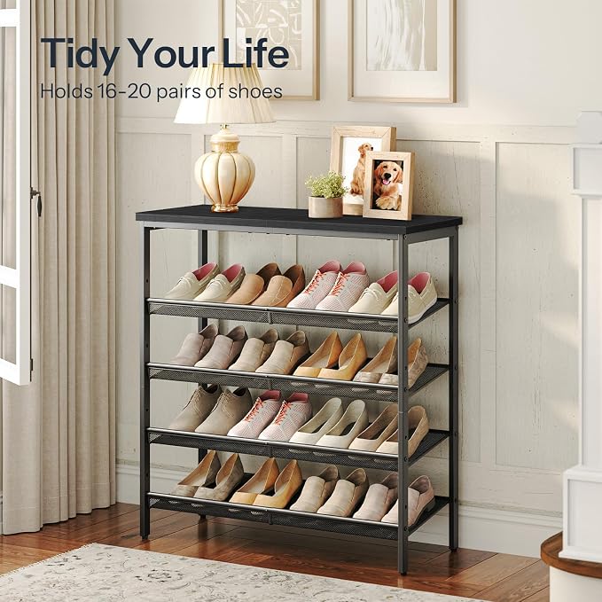 HOOBRO Shoe Rack for Entryway, 5-Tier Shoe Organizer with Adjustable Mesh Shelves, 12-16 Pairs of Shoes, Spacious Floor Mount, Metal, Industrial, Shoe Shelf for Closet, Black BB12XJ01 - Image 4