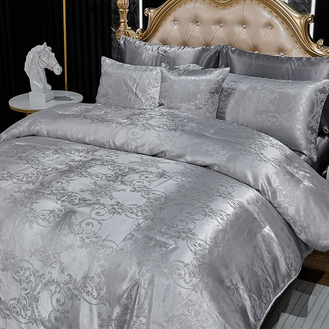 Grey Comforter King Jacquard Bedding with Grey Satin Sheet Set Royal Embroidery Neoclassical Floral Home Decor Soft Luxury Hotel Bed in a Bag 8 Pcs Include 1 Cushion Cover