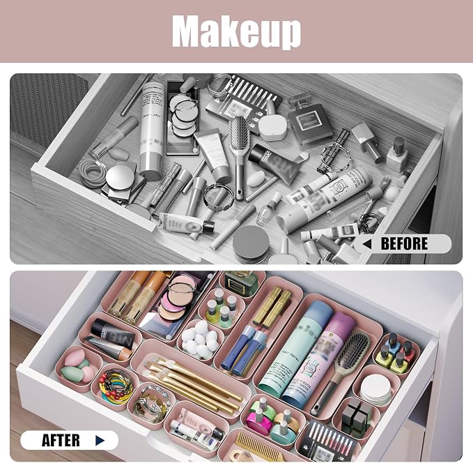 Plastic Drawer Organizers, 18 PCS Bathroom Drawer Organizer Bins, Desk and Vanity Organizer Plastic Tray, Makeup organizer and storage for Bedroom, Kitchen Gadgets Utensils and Office (Pink) - Image 8