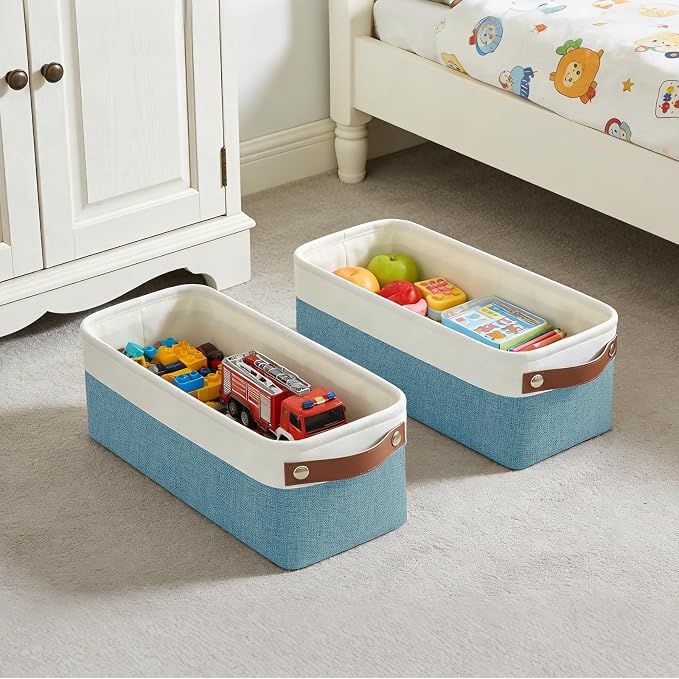 Bagnizer Small Fabric Storage Baskets, 15x6x5 inch Narrow Storage Bins 4-Pack Long Storage Basket for Organizing with Handles, Decorative Basket for Closets, Shelves, Toilet Paper, Teal - Image 4