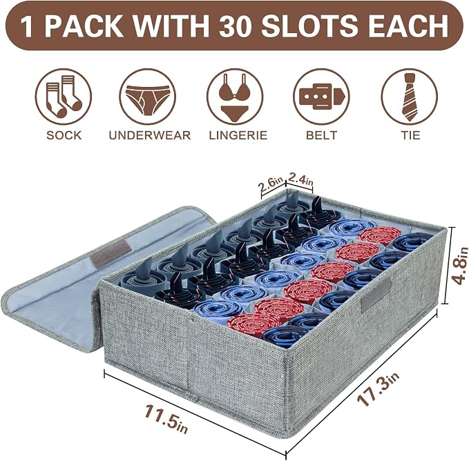 PINGMIC Gray Sock Organizer Divider 1 Pack with Lid - 30 Cell Foldable Closet Storage, Tie Organizer For Men Boxes for Socks, Ties, Belts - Image 3