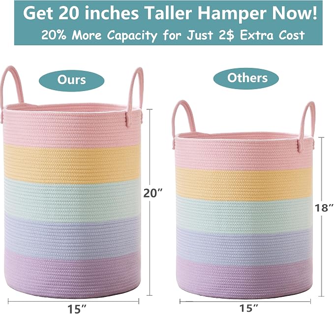 60L Laundry Hamper Basket for Baby Girls and Kids, Pastel Rainbow Unicorn Design, Woven Rope Nursery Basket for Blankets Toys in Playroom, 15Dx20H Inches Large Bedroom Hamper for Clothes - Image 3