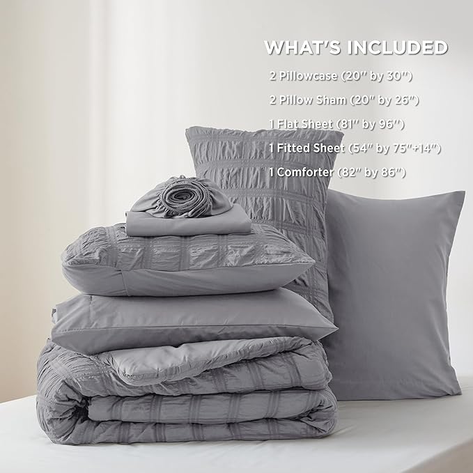 Bedsure Bed in a Bag Full - 7 Pieces Plaid Seersucker Bedding Comforter Sets, Soft Lightweight Grey Boho Bed Set with Comforters Full Size, Sheets, Pillowcases & Shams