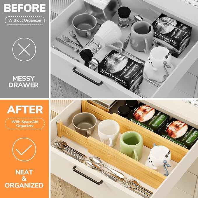 BAMEOS 4 pcs 3" High Bamboo Drawer Dividers Adjustable Drawer Organizer Expandable Drawer Organization Utensil Organizers for Kitchen Dresser Bathroom Bedroom and Office - Image 7