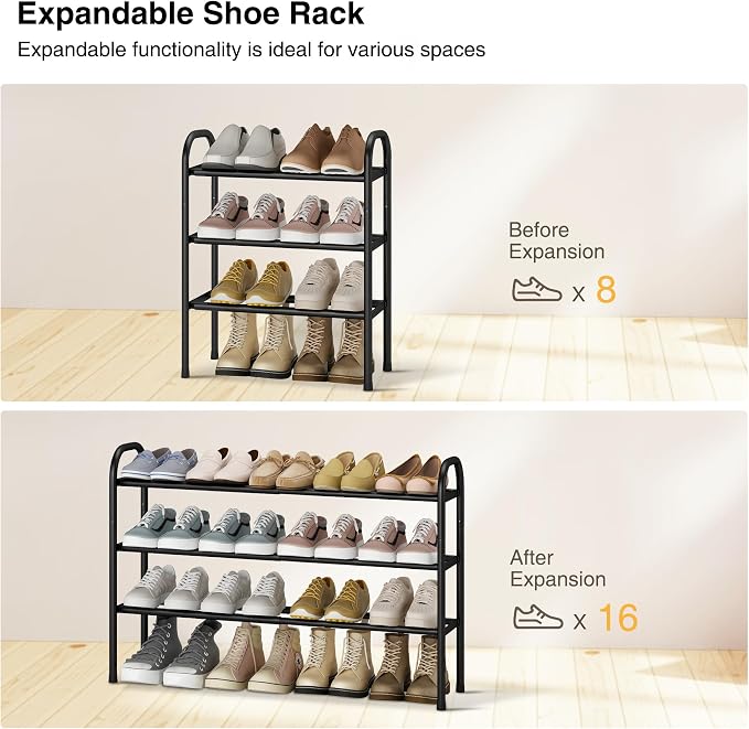 STO STO Expandable Shoe Rack, 3-Tier Metal Small Shoe Rack for Closet, Up to 16 Pairs Adjustable Shoes Racks Storage for Front Door Entrance, Free Standing Shoes Rack Organizer for Entryway, Black - Image 4