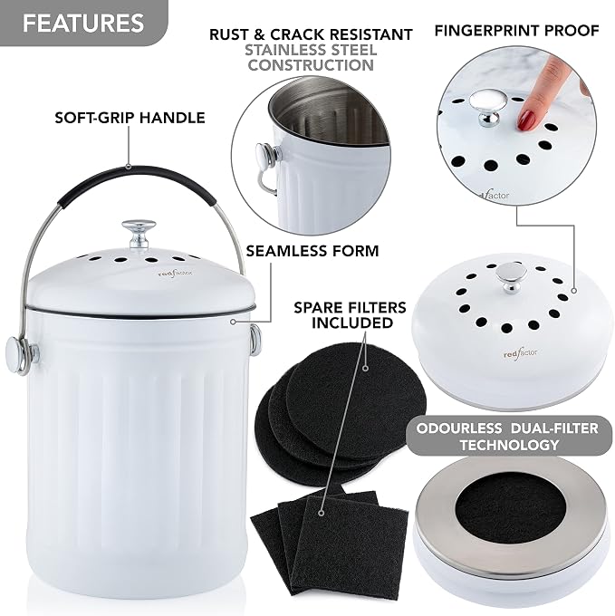 RED FACTOR Premium Compost Bin for Kitchen Countertop - Stainless Steel Food Waste Bucket with Innovative Dual Filter Technology - Includes Spare Filters (White, 1.3 Gallon) - Image 6