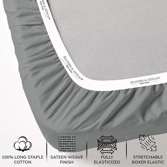 Feather & Stitch 500 TC Twin Size 3pc Damask Bed Sheet Set, 100% Soft Cotton Breathable Bedsheets, 18" Deep Pockets Sateen Weave Solid Bedding Mattress Resort Hotel Luxury Decor - (Ash Grey)