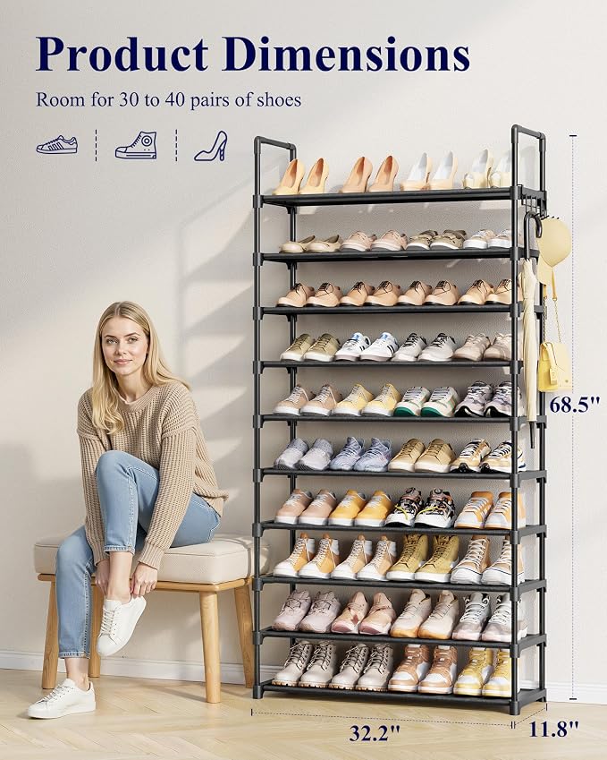 Kitsure Shoe Rack for Closet - 10-Tier Shoe Organizer with Hook Rack, Large-Capacity & Space-Saving Shoe Shelf for Entryway, Bedroom, Living Room,32.2" x 11.8" x 68.5", Black - Image 3