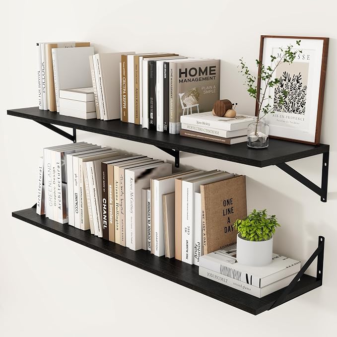 Heimlove Black Deep Floating Shelves for Wall, 48W x 12D Wood Wall Shelves Set of 2, Wide Floating Bookshelf for Living Room, Kitchen, Office, Bedroom and Decor Storage, with Metal Bracket - Black by Heimlove