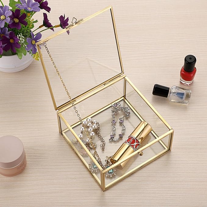 Hipiwe Vintage Glass Jewelry Organizer Box - Golden Metal Keepsake Box Desktop Jewelry Organizer Holder, Wedding Birthday Gift, Square Vanity Decorative Box for Dresser,Bathroom - Image 2