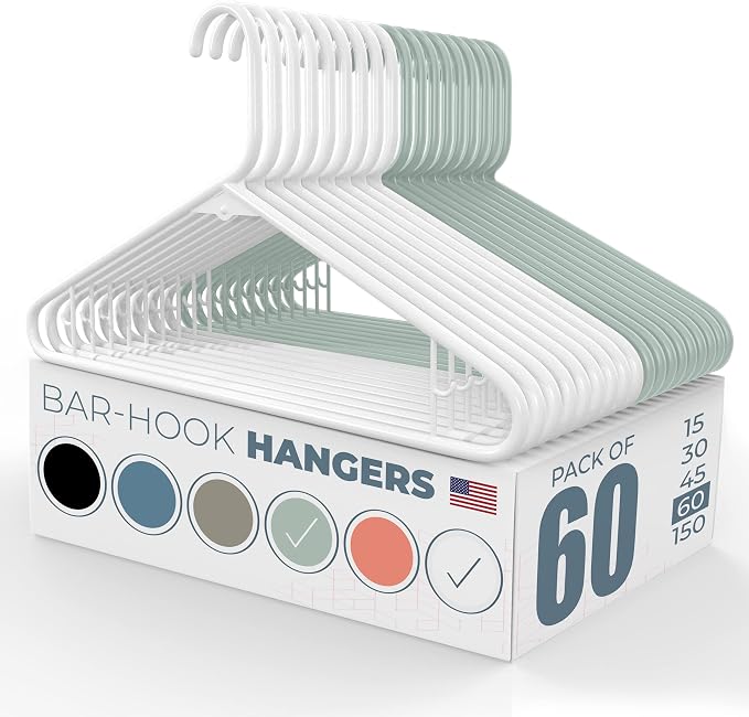 Neaties Plastic Hangers 50 Pack (60 Count) – Made in the USA – 6lb Capacity Standard Clothes Hangers with Strap Hooks for Dresses, Lingerie, Shirts, Pants, and Jackets – White & Mint by NeatiesHangers