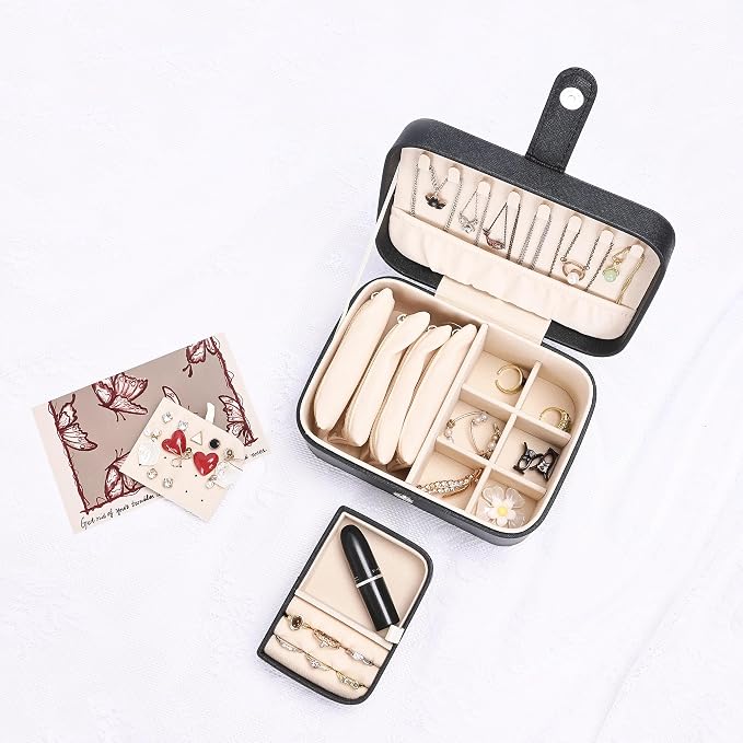 2 Layer Portable Jewelry Box, Large Jewelry Travel Case with 4 Jewelry Pouches, Medium Size Jewelry Organizer Box for Earrings, Necklaces, Bracelets (black) - Image 7