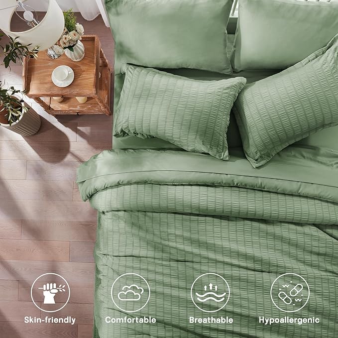 Zzlpp King Comforter Set 7 Pieces, Sage Green Seersucker Bed in a Bag with Comforter and Sheets, Lightweight Bedding Sets with 1 Comforter, 2 Pillow Shams, 2 Pillowcases, 1 Flat Sheet, 1 Fitted Sheet