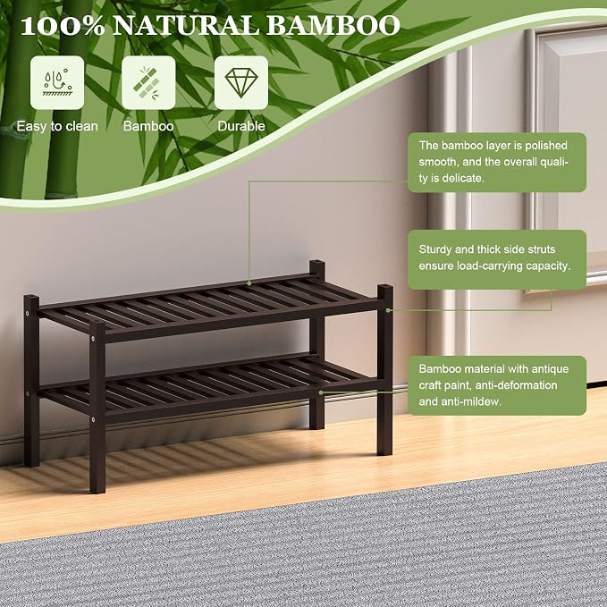ROMGUAR CRAFT 2 Tier (Thick) Bamboo Shoe Rack for Closet Free Standing Wood Shoe Shelf for Entryway Small Space Stackable 27"x12"x14" (Black Brown) - Image 6