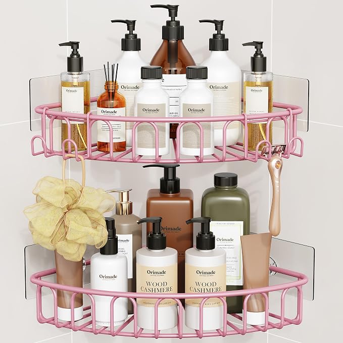 Orimade Corner Shower Caddy with 2 Hooks Wall Mounted Metal Bathroom Shelf Storage Organizer Adhesive No Drilling 2 Pack, Pink Only for 90-Degree Corner by Orimade