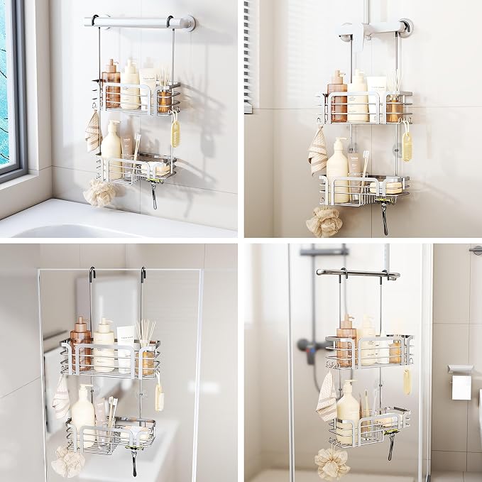 SWTYMIKI Shower Caddy Hanging Organizer - Over the Door Shower Caddy with Soap Holder, 11 Hooks, 2 Installation Ways, Stainless Steel Rustproof Bathroom Organizer, Silver - Image 2