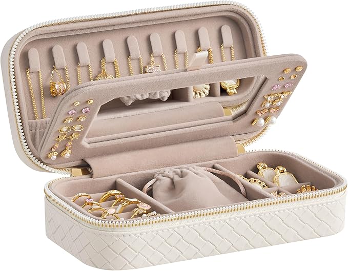 SONGMICS HOME Travel Jewelry Case, Jewelry Organizer Box with Mirror, Jewelry Pouch, Woven Embossed PU Leather, Portable Jewelry Storage, Gift Idea, Cloud White UJBC197W01 by SONGMICSHOME