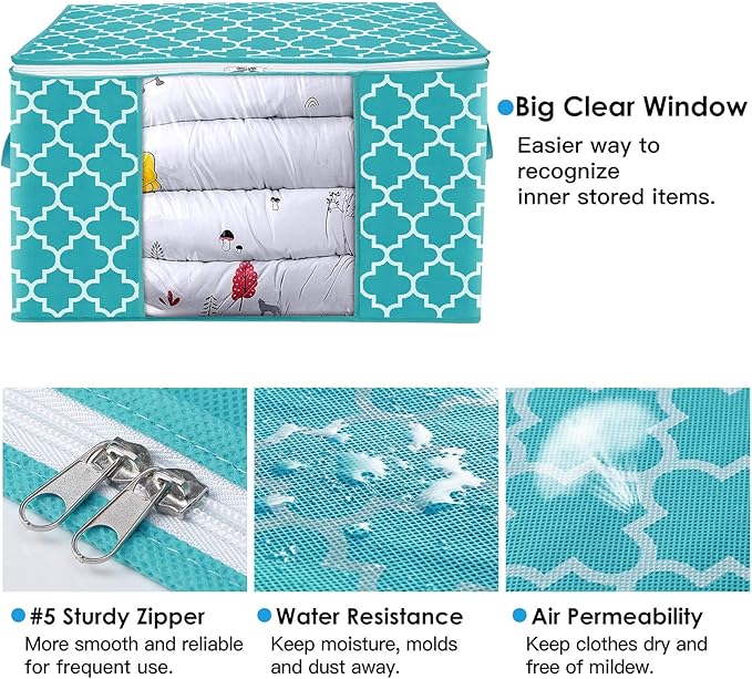 WISELIFE Storage Bags 100L 4-Pack Large Blanket Clothes Organization and Storage Containers for Bedding, Comforters, Foldable Organizer with Reinforced Handle, Clear Window, Sturdy Zippers,Green