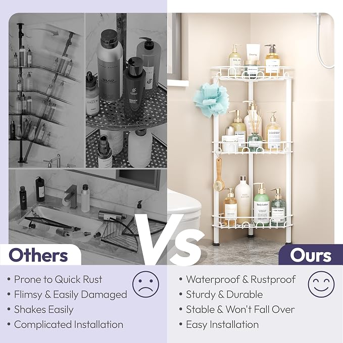 SWTYMIKI Standing Shower Caddy Corner - 3‑Tier Stainless Steel Shower Organizer Shelf with 12 Hooks and Adhesive Pads, Rustproof Corner Shelves Stand Rack for Bathroom Shower Room, white - Image 2