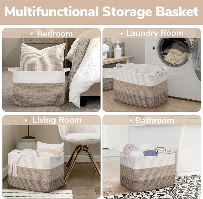 Goodpick Large Storage Basket, 18"x14"x12" Cotton Rope Organizer for Blankets, Toy Baskets Storage Kids, Rectangle Woven Basket for Living Room, Bedroom, Gradient Brown - Image 6