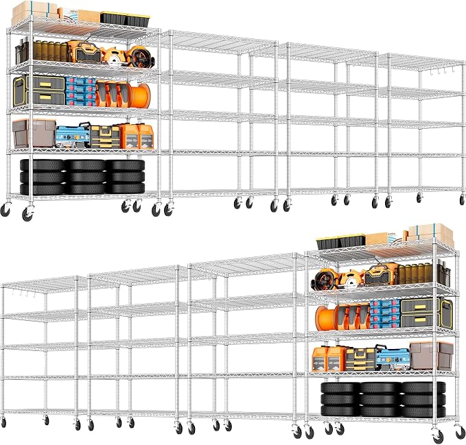 PrimeZone 5 Tier 48" Wx24''Dx81''H Wire Shelving with Wheels 3000lbs NSF Storage Shelves Heavy Duty Metal Shelf Adjustable Rolling Rack Commercial Garage Restaurant Warehouse Kitchen Chrome 8Pack by PrimeZone