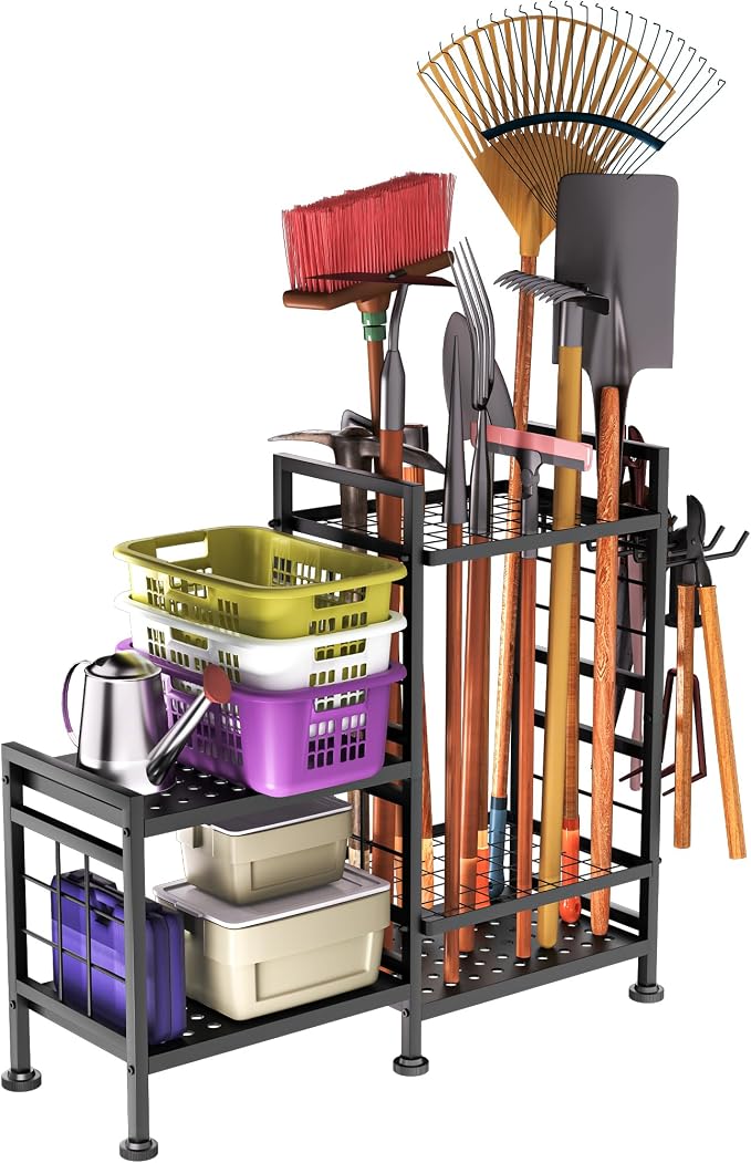 GIOTORENT 5 Tier Garden Tool Organizer, Metal Yard Tools Storage Rack, Garage Storage and Organization, Heavy Duty Garden Tool Organizer for Garage, Yard, Patio, Shed, Indoors and Outdoors, Black by GIOTORENT