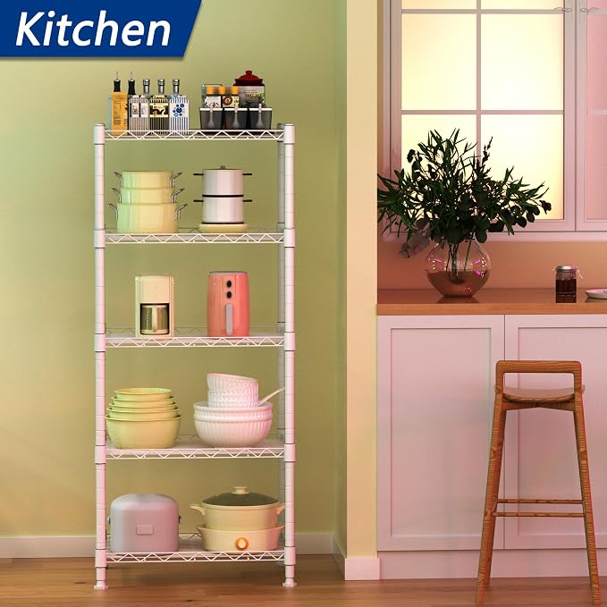 REGILLER 5-Wire Shelving Metal Storage Rack Adjustable Shelves,Standing Storage Shelf Units for Laundry Bathroom Kitchen Pantry Closet(White,11.8" D x 16.6" W x 53.5" H) - Image 2