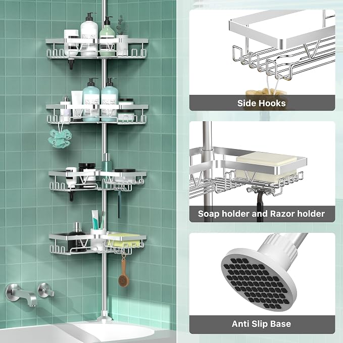 DAOYA Shower Caddy Tension Pole - Corner Shower Shelves with Soap Holder Bathroom Shower Organizer for Tub (Stainless Steel, Silver, Floor to Ceiling 25-114.2 inch) - Image 3