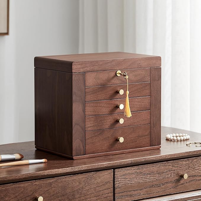 CHOSIN Black Walnut Wooden Jewelry Box for Women with Mirror, 5 Drawers and 2 Side Doors for Watches, Necklaces, Rings, Earrings Storage, Mothers Day Gifts for Mom - Image 4