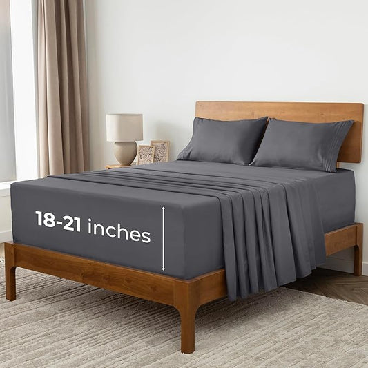 Mellanni Extra Deep King Sheets - 4 PC Iconic Collection Bedding - Hotel Luxury, Ultra Soft, Cooling Bed Sheets - Wrinkle, Fade, Stain Resistant (King, Gray)