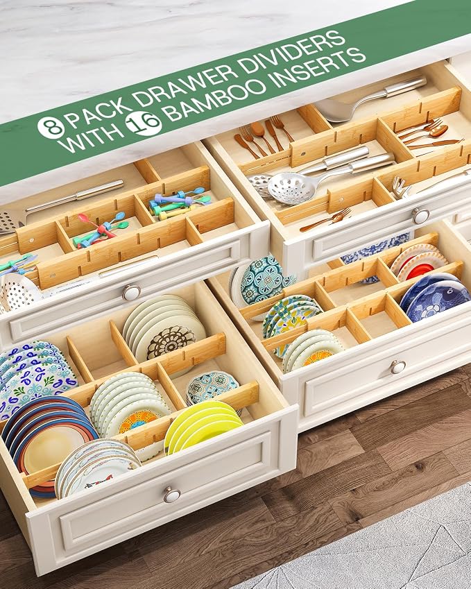 kiplant Bamboo Drawer Dividers - Adjustable Drawer Dividers for Clothes, Kitchen, Closet & Office - 8 Pack with Inserts, 18-22.6 Inches, Non-Slip Silicone Ends - Image 5