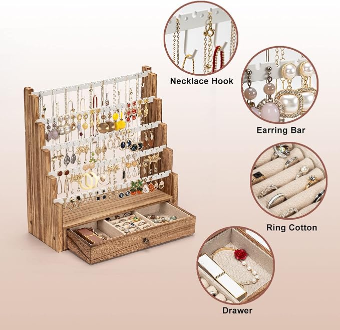 Pinzoveco Earring Organizer, 5 Layer Earring Holder Organizer with Necklace Holder Pole, Rustic Wood Jewelry Organizer Stand Display for Stud Earring Bracelet Necklace Ring, 175 Earring Holes - Image 7