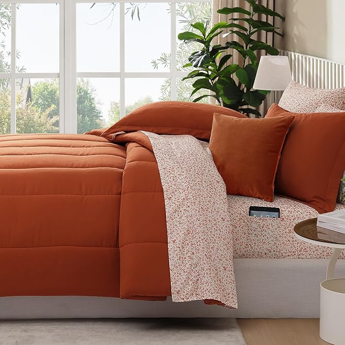 Monbix Queen Comforter Set - 7 Pieces Burnt Orange Bed in a Bag Queen Track Stitching Bedding Sets, All Seasons Comforter Bed Set with Sheets, Pillowcases & Shams