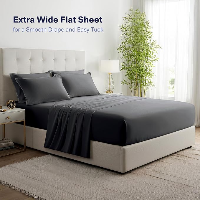 Kickoff Viscose Bamboo Sheets Short Queen Size 4-pc 100% Organic Bamboo Viscose Bed Cooling Sheets Short Queen Size Set Cool Bedding for hot Sleepers Sheet, Flat, Fitted, Pillowcases (Pewter, SQ)