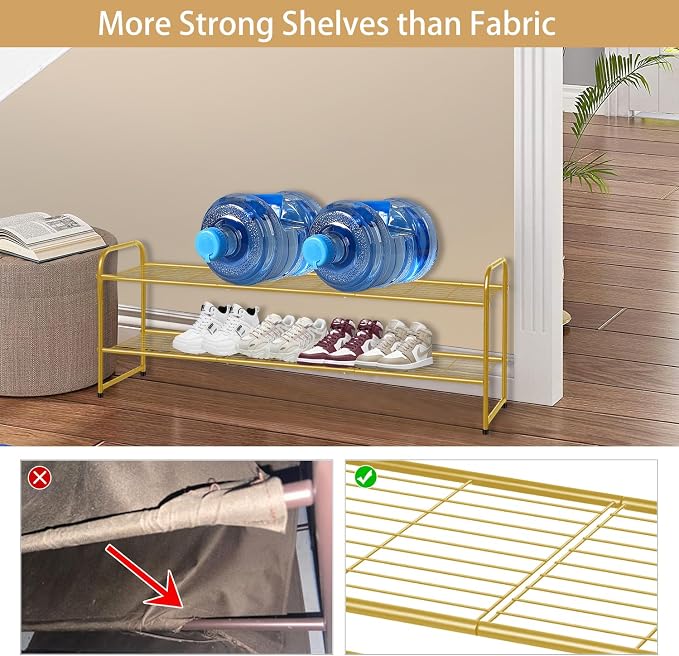 KEETDY 2-Tier Long Shoe Rack for Closet Metal Shoe Organizer for Entryway, Wide Stackable Shoe Storage Shelf with Sturdy Wire Grid for Closet Floor, Bedroom, Gold - Image 4