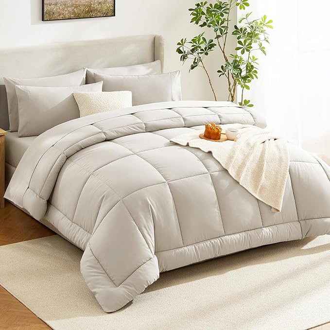 CozyLux Oversized Queen Comforter Sets Beige, 7 Pieces Bed in a Bag, Ultra-Soft All Season Bedding Sets with Stitch Quilted Comforter, Flat Sheet, Fitted Sheet, Pillowcases