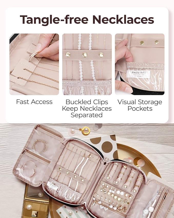 BAGSMART Jewelry Organizer Bag Travel Jewelry Storage Cases for Necklace, Earrings, Rings, Bracelet, Black - Image 4