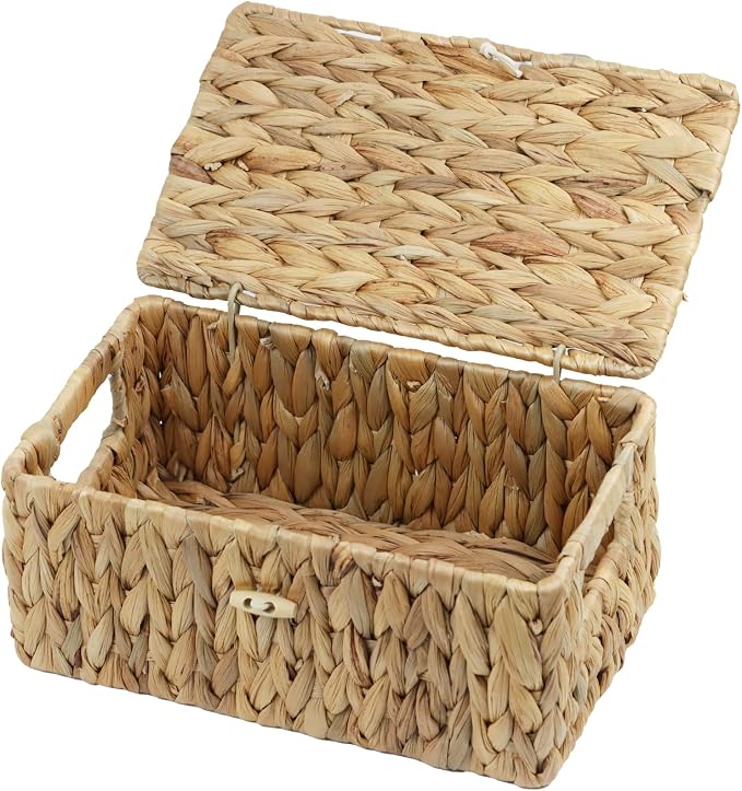 Small Wicker Basket with Lid, Natural Water Hyacinth Storage Baskets for Organizing, Rectangular Woven Basket for Storage, Decorative Boxes Bins with Lids and Built-in Handles (10.2" x 6.3" x 3.9") by ORDELITE