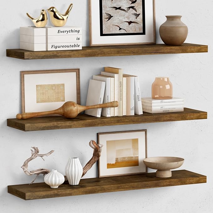 Forbena 36 Inch Floating Shelves for Wall Long Set of 3, Large Deep Wall Shelves for Bedroom Living Room Decor, Rustic Wood Floating Shelf for Kitchen Closet Office TV Plants Books (Dark Brown) by Forbena
