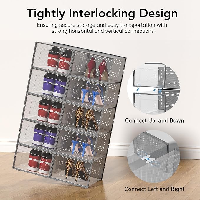 Foluck X-Large Shoe Storage Box, 15 Pack Clear Plastic Stackable Shoe Organizer for Closet, Interlocking Design Shoe Container Bins for Sneakers, Foldable Shoe Rack with Lids, Gray - Image 4