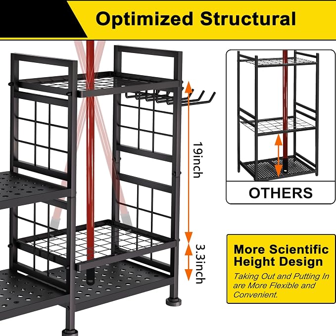 GIOTORENT 5 Tier Garden Tool Organizer, Metal Yard Tools Storage Rack, Garage Storage and Organization, Heavy Duty Garden Tool Organizer for Garage, Yard, Patio, Shed, Indoors and Outdoors, Black - Image 3
