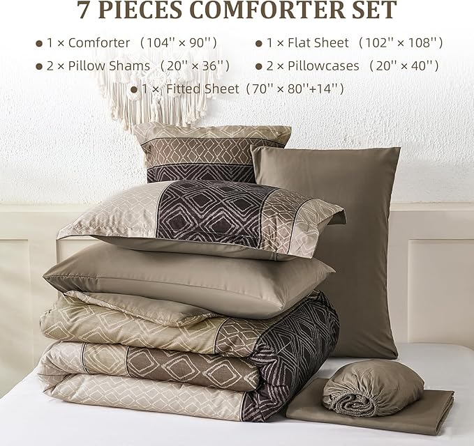 Dinjoy Light Brown King Size Comforter Set,Striped Boho Bed in a Bag King 7 Pieces Soft Fall Bedding Comforters Sets Microfiber Complete Bed Sets for All Season