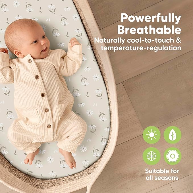 2-Pack Baby Bassinet Sheets Girl, Boy - 33x17 Viscose Derived from Bamboo Bedside Mattress Fitted Bassinet Sheets, Compatible with Halo Bassinest Swivel Sleeper, Baby Delight, Graco (Daisies)