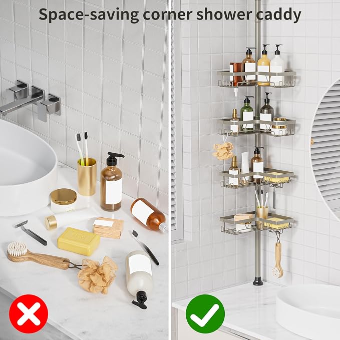 KEGII Shower Caddy Tension Pole, 4-Tier Rustproof Adjustable Corner Bathroom Organizer for Renters, 25–114.2 Inch No Drill Space-Saving Shower Storage Rack, Silver Gray - Image 7