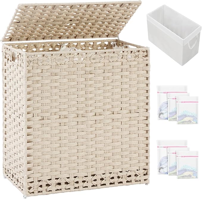 SETVSON Laundry Hamper with Lid Wicker Laundry Basket 112 L (29.6 Gal) Laundry Hampers Handwoven Rattan Clothes Hamper with Handles 3 Removable Liner Bag, 6 Mesh Bags for Bathroom Bedroom Light Khaki by SETVSON